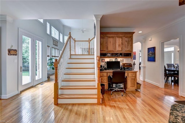 2081 Harpers Ml, Williamsburg, VA 23185 - stairway featuring wood finished floors, decorative columns, baseboards, ornamental molding, and recessed lighting
