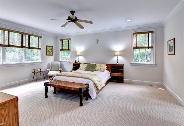 2081 Harpers Ml, Williamsburg, VA 23185 - bedroom featuring ornamental molding, carpet floors, baseboards, ceiling fan, and recessed lighting