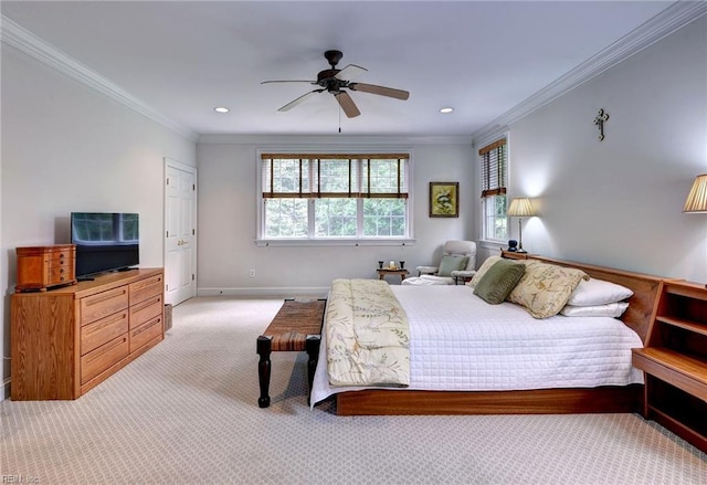 2081 Harpers Ml, Williamsburg, VA 23185 - bedroom with light colored carpet, crown molding, baseboards, recessed lighting, and ceiling fan