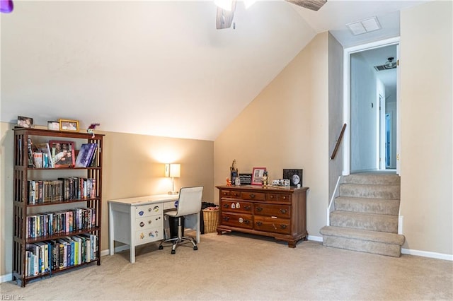 840 Five Forks Rd, Virginia Beach, VA 23455 - carpeted home office with lofted ceiling, baseboards, and a ceiling fan