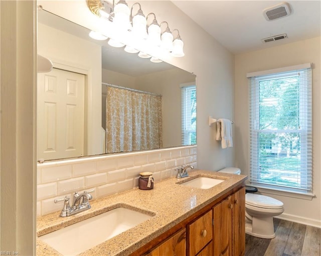 840 Five Forks Rd, Virginia Beach, VA 23455 - bathroom with toilet, healthy amount of natural light, decorative backsplash, and double vanity