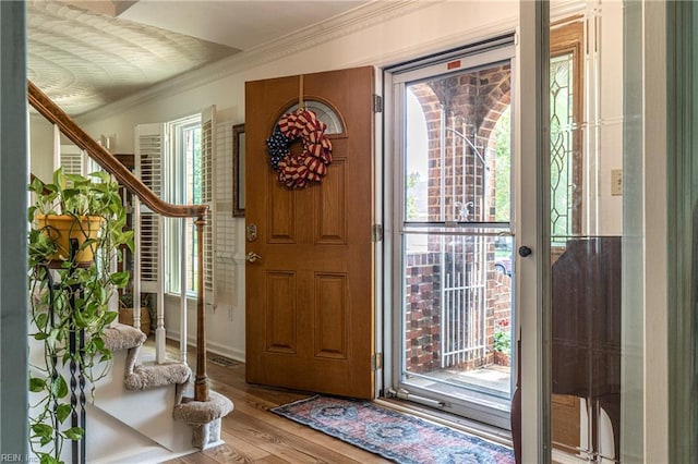 840 Five Forks Rd, Virginia Beach, VA 23455 - foyer with ornamental molding, wood finished floors, and stairway