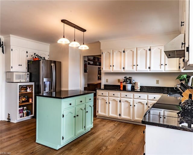 840 Five Forks Rd, Virginia Beach, VA 23455 - kitchen with white microwave, stainless steel fridge, white cabinetry, and dark countertops