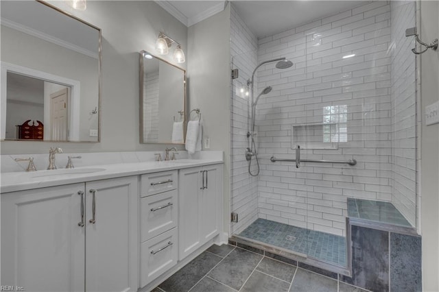 136 Wynnwood Dr, Franklin, VA 23851 - bathroom featuring a shower stall, double vanity, and crown molding