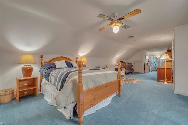 136 Wynnwood Dr, Franklin, VA 23851 - bedroom featuring carpet flooring, lofted ceiling, and a ceiling fan