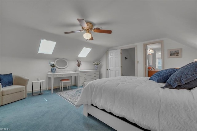136 Wynnwood Dr, Franklin, VA 23851 - carpeted bedroom with a skylight, vaulted ceiling, a ceiling fan, and baseboards