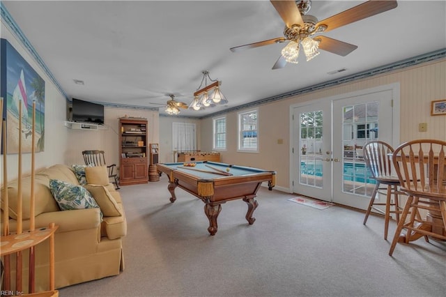 136 Wynnwood Dr, Franklin, VA 23851 - game room featuring french doors, a ceiling fan, billiards table, carpet, and crown molding