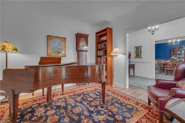 136 Wynnwood Dr, Franklin, VA 23851 - office featuring a chandelier, ornamental molding, wood finished floors, and baseboards