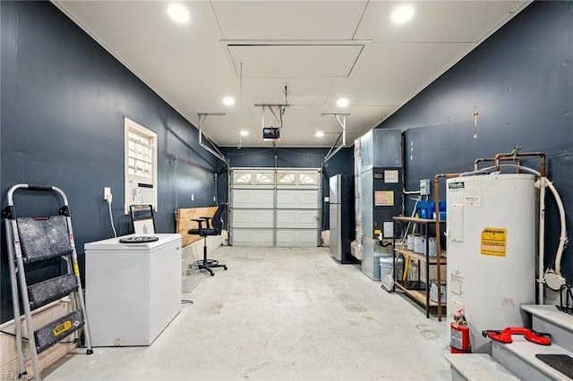 23 Signi Hi Ct, Newport News, VA 23601 - garage featuring water heater, freestanding refrigerator, refrigerator, recessed lighting, and a garage door opener