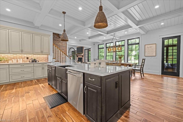 107 Gullane, Smithfield, VA 23430 - kitchen with dishwasher, coffered ceiling, light countertops, light wood-type flooring, and healthy amount of natural light