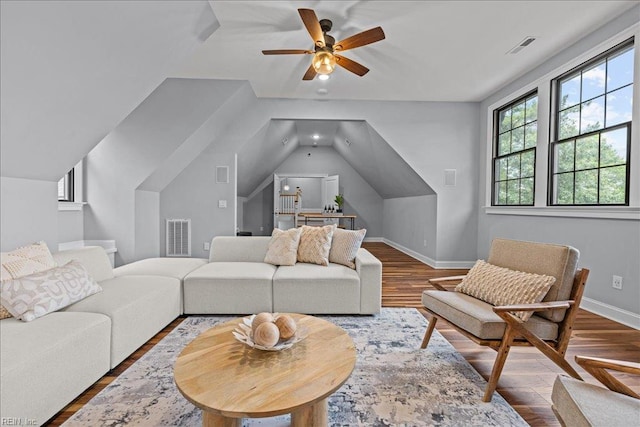 107 Gullane, Smithfield, VA 23430 - living area with wood finished floors, a ceiling fan, baseboards, and lofted ceiling