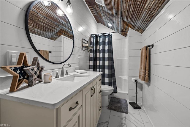 107 Gullane, Smithfield, VA 23430 - full bath with vanity, marble finish flooring, toilet, wood ceiling, and shower / bath combination with curtain