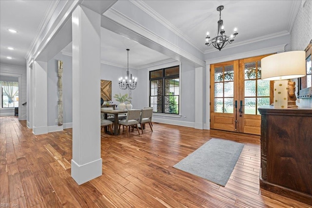 107 Gullane, Smithfield, VA 23430 - foyer with a chandelier, wood finished floors, ornamental molding, french doors, and recessed lighting