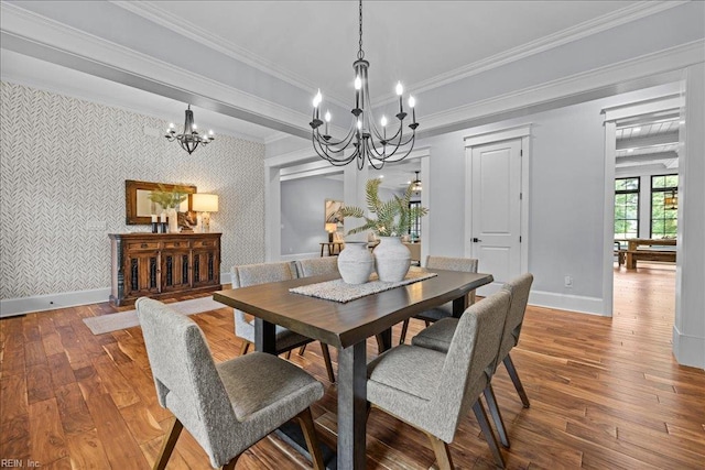 107 Gullane, Smithfield, VA 23430 - dining room featuring a chandelier, wallpapered walls, hardwood / wood-style flooring, baseboards, and crown molding