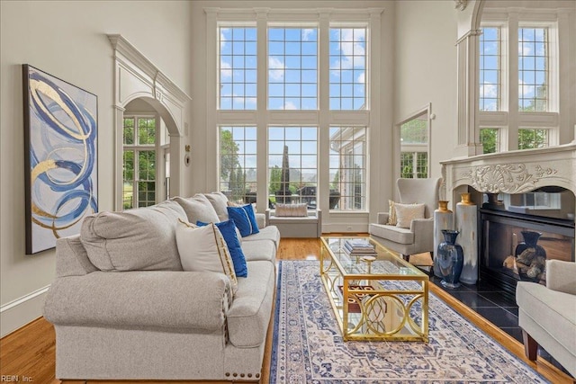 201 Royal Dornoch, Smithfield, VA 23430 - living area featuring a high ceiling, a premium fireplace, wood finished floors, and baseboards