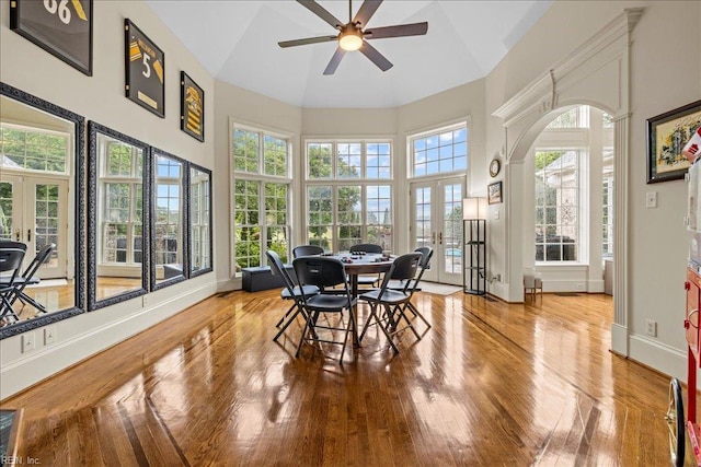 201 Royal Dornoch, Smithfield, VA 23430 - sunroom featuring french doors, high vaulted ceiling, wood-type flooring, and baseboards