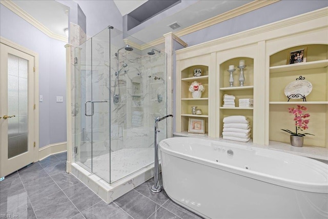 201 Royal Dornoch, Smithfield, VA 23430 - bathroom featuring a jetted tub, a marble finish shower, crown molding, built in shelves, and baseboards