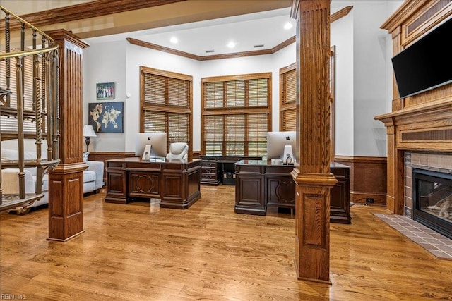 201 Royal Dornoch, Smithfield, VA 23430 - office space featuring light wood-style flooring, ornamental molding, a tile fireplace, wainscoting, and decorative columns