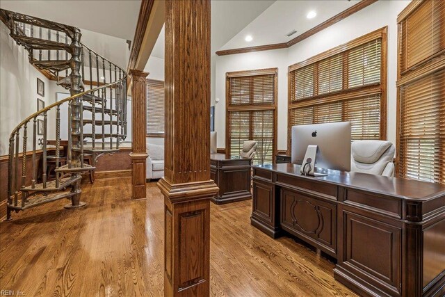201 Royal Dornoch, Smithfield, VA 23430 - office space featuring ornate columns, wood finished floors, crown molding, and recessed lighting