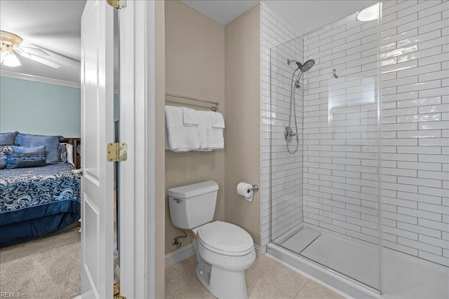201 Royal Dornoch, Smithfield, VA 23430 - ensuite bathroom with a stall shower, toilet, crown molding, ceiling fan, and tile patterned floors
