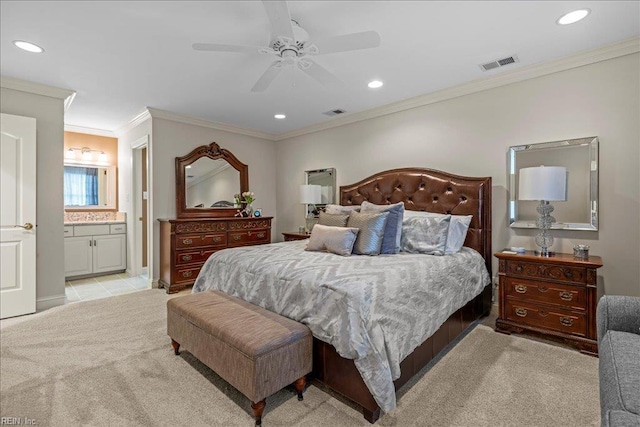 201 Royal Dornoch, Smithfield, VA 23430 - bedroom featuring light carpet, recessed lighting, crown molding, connected bathroom, and a ceiling fan