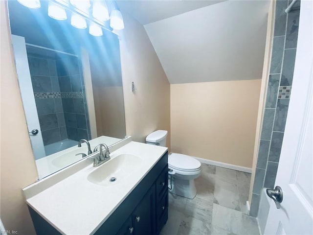 133 Chesterfield Rd, Hampton, VA 23661 - full bathroom featuring marble look tile flooring, vanity, vaulted ceiling, toilet, and washtub / shower combination