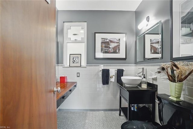 6076 Newport Pt, Norfolk, VA 23505 - bathroom featuring tile walls, tile patterned floors, vanity, a wainscoted wall, and toilet