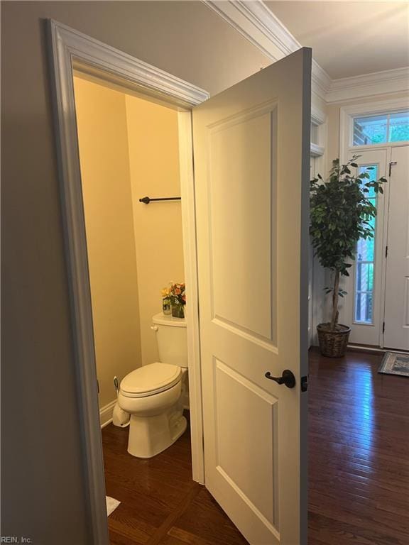 4296 Beamers Rdg, Williamsburg, VA 23188 - bathroom with healthy amount of natural light, wood finished floors, toilet, and ornamental molding