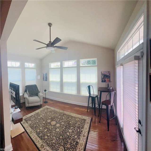 4296 Beamers Rdg, Williamsburg, VA 23188 - living area featuring ceiling fan, vaulted ceiling, dark wood-type flooring, and baseboards