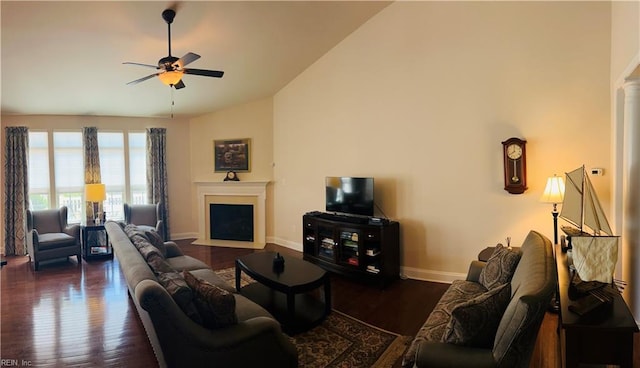 4296 Beamers Rdg, Williamsburg, VA 23188 - living room featuring ceiling fan, lofted ceiling, baseboards, a fireplace with flush hearth, and dark wood-type flooring