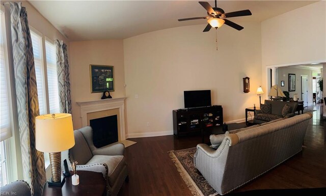 4296 Beamers Rdg, Williamsburg, VA 23188 - living room with a ceiling fan, a fireplace with flush hearth, wood finished floors, baseboards, and high vaulted ceiling