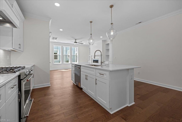 206 84th St Unit A, Virginia Beach, VA 23451 - kitchen with appliances with stainless steel finishes, premium range hood, a ceiling fan, recessed lighting, and light countertops