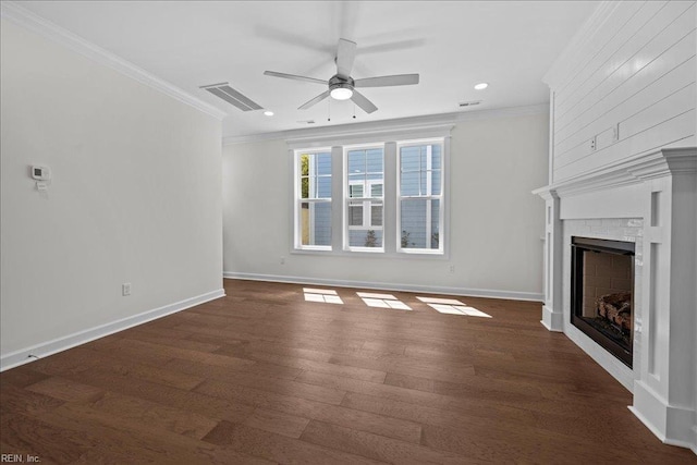 206 84th St Unit A, Virginia Beach, VA 23451 - unfurnished living room featuring crown molding, a ceiling fan, a brick fireplace, baseboards, and wood finished floors