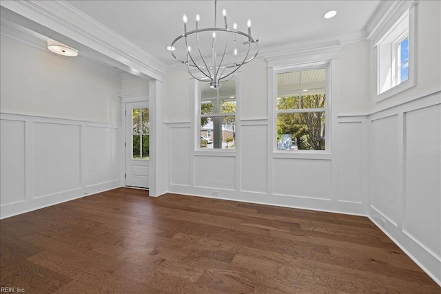 206 84th St Unit A, Virginia Beach, VA 23451 - unfurnished dining area featuring a decorative wall, a chandelier, healthy amount of natural light, ornamental molding, and dark wood-style flooring