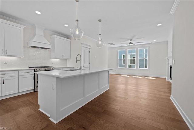 206 84th St Unit A, Virginia Beach, VA 23451 - kitchen featuring gas range, premium range hood, a sink, crown molding, and ceiling fan