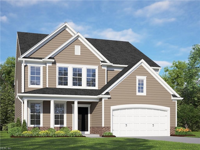 2221 Patrick Dr, Suffolk, VA 23435 - view of front of home with brick siding, a front lawn, covered porch, and driveway