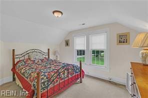 96 Doctors Creek Rd, New Point, VA 23125 - bedroom with vaulted ceiling, baseboards, and light colored carpet