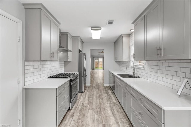 1016 Gauguin Dr, Virginia Beach, VA 23454 - kitchen with gray cabinets, stainless steel appliances, a sink, light wood-style floors, and light countertops