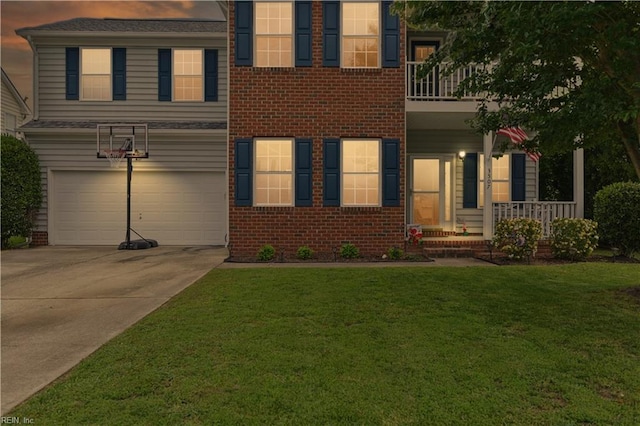 3507 Sedgefield St, Suffolk, VA 23435 - view of front of property featuring concrete driveway, an attached garage, a front yard, a porch, and brick siding