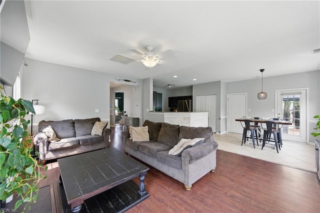 3507 Sedgefield St, Suffolk, VA 23435 - living room featuring a ceiling fan, wood finished floors, and recessed lighting