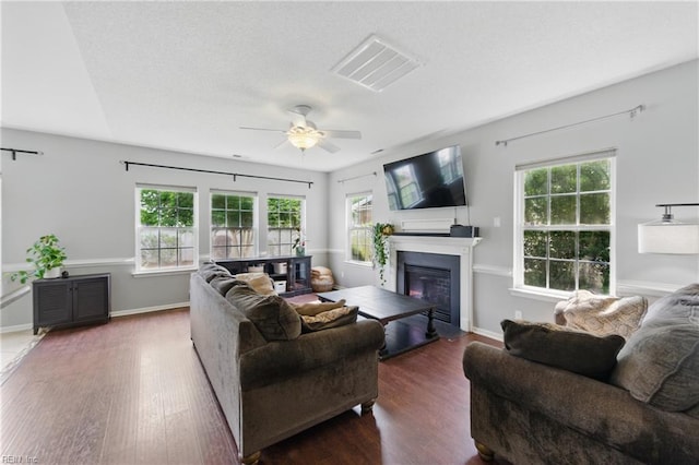 3507 Sedgefield St, Suffolk, VA 23435 - living area with healthy amount of natural light, a glass covered fireplace, a ceiling fan, and wood finished floors
