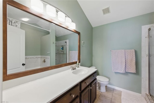 3507 Sedgefield St, Suffolk, VA 23435 - bathroom featuring toilet, a shower stall, vanity, lofted ceiling, and tile patterned flooring