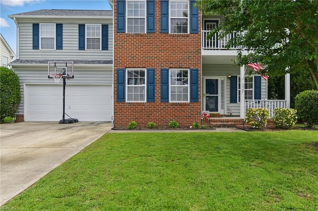 3507 Sedgefield St, Suffolk, VA 23435 - view of front of property featuring driveway, a garage, a front lawn, covered porch, and brick siding