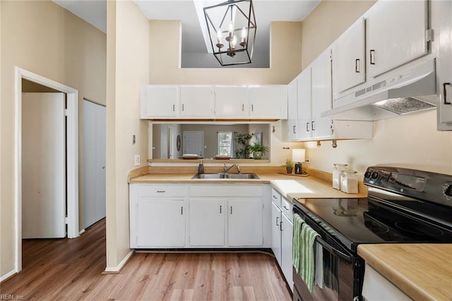 3912 Pollypine Dr, Virginia Beach, VA 23452 - kitchen featuring black electric range oven, under cabinet range hood, a sink, light countertops, and light wood-style floors