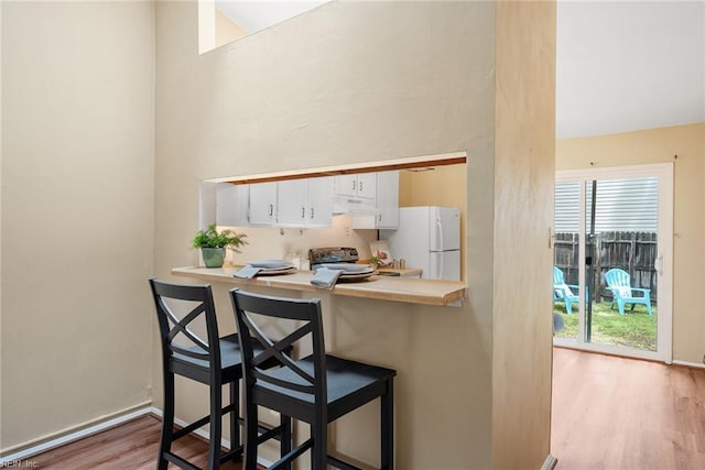 3912 Pollypine Dr, Virginia Beach, VA 23452 - kitchen featuring freestanding refrigerator, under cabinet range hood, a towering ceiling, light wood finished floors, and a kitchen bar