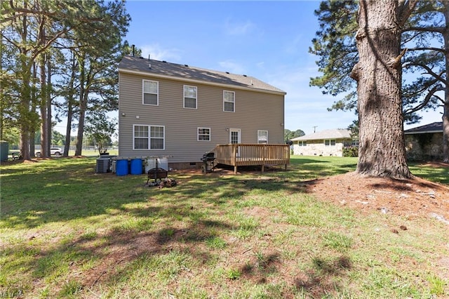 103 Barcroft Dr, Smithfield, VA 23430 - rear view of house with a wooden deck, crawl space, a yard, and central AC unit