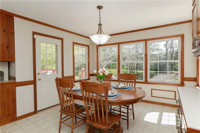 1328 Harris Rd, Virginia Beach, VA 23452 - dining area with ornamental molding, light floors, wallpapered walls, and baseboards