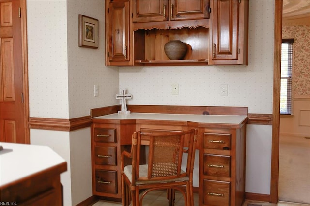 1328 Harris Rd, Virginia Beach, VA 23452 - kitchen with wallpapered walls, open shelves, and brown cabinets