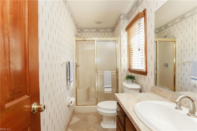 1328 Harris Rd, Virginia Beach, VA 23452 - bathroom featuring wallpapered walls, a stall shower, vanity, toilet, and tile patterned flooring