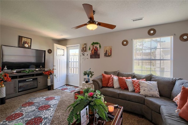 2117 King James Ct, Carrollton, VA 23314 - living area with a textured ceiling, ceiling fan, and light carpet